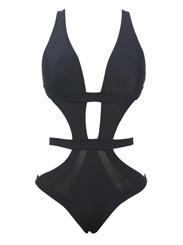 Bandage Tulle Black One-piece Swimwear