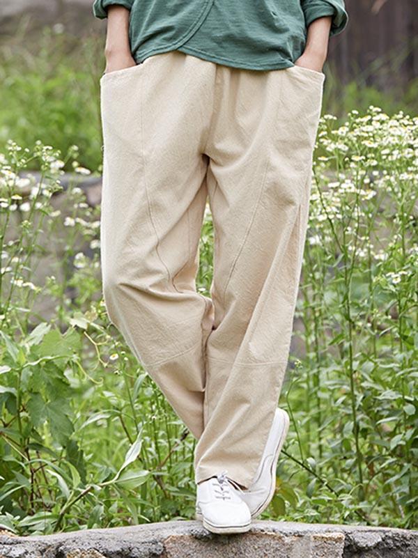 White&Beige Split-joint Casual Linen Pants