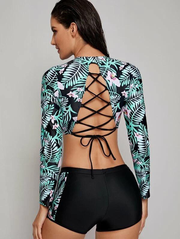 Floral-Print Long Sleeve Backless Tankini Swimsuit