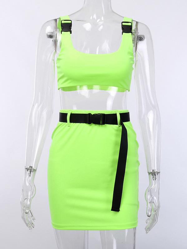 Buckle Solid U Neck Tanks And Wrapped Skirt Suits