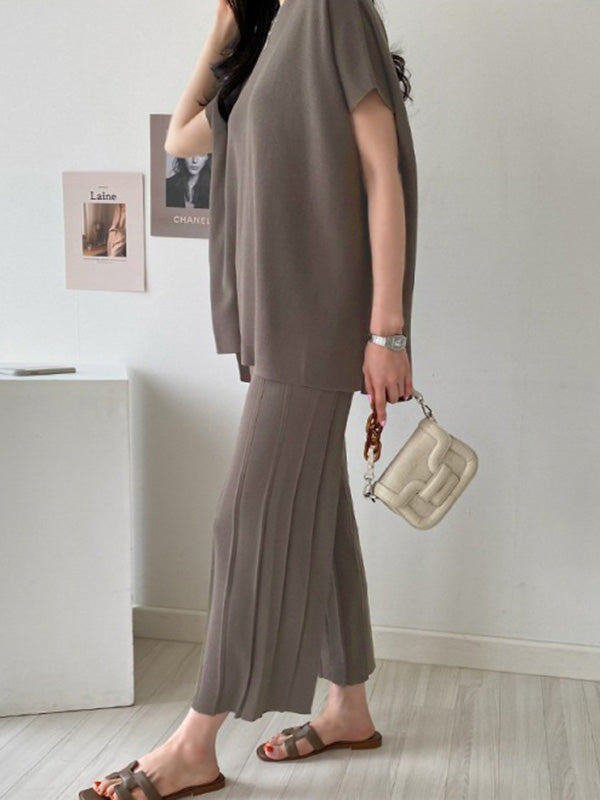 Casual Solid Color Split-Side Round-Neck Batwing Short Sleeves T-Shirt+Pleated Wide Leg Pants 2 Pieces Set