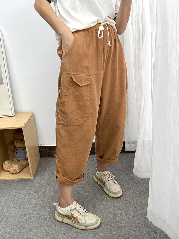 Simple Casual Loose Ramie Cotton Solid Color Drawstring Harem Pants