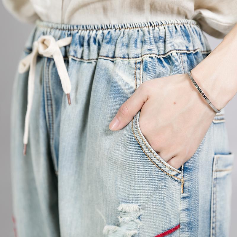 Casual Frayed Embroidery Drawstring Loose Jeans