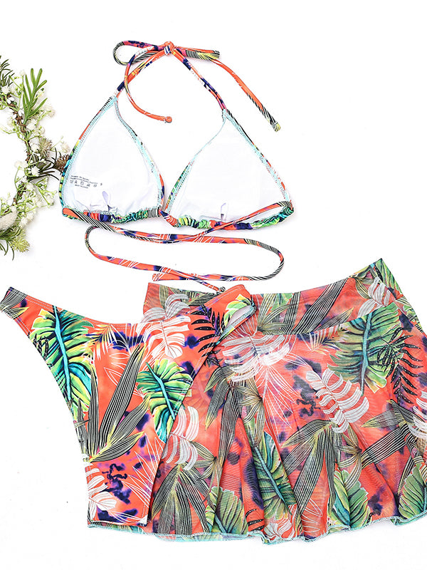 Leaf Printed Halterneck Tied Bikini Swimsuit Three Pieces Set