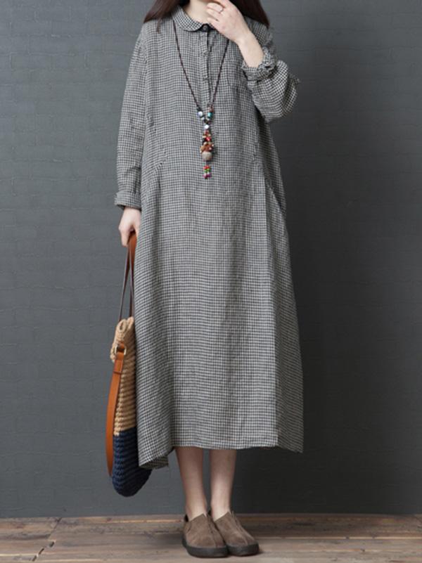 Linen Plaid Plus Size Loose Shirt Midi Dresses