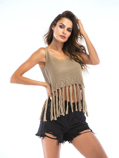 2019 Short Style Sleeveless Fringed Top