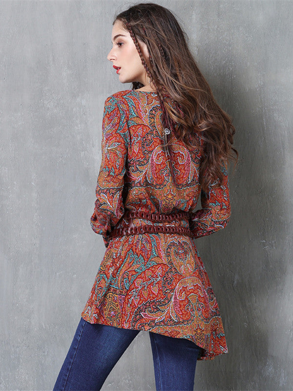 Bohemian New Cotton Linen O-Neck Long Sleeve Floral Print Vintage Blouse