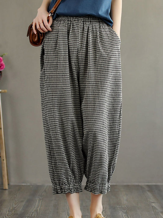 Casual Plaid Cotton Blend Capri-Pants