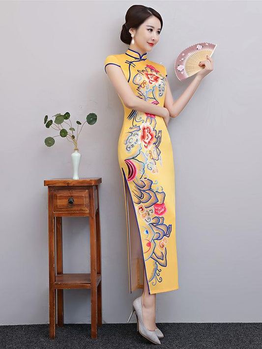 Yellow Floral Split-side Long Cheongsam