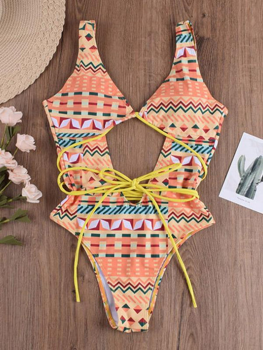 Sexy Deep V-Neck  Mosaic Printing Hollow Bandage Swimwear