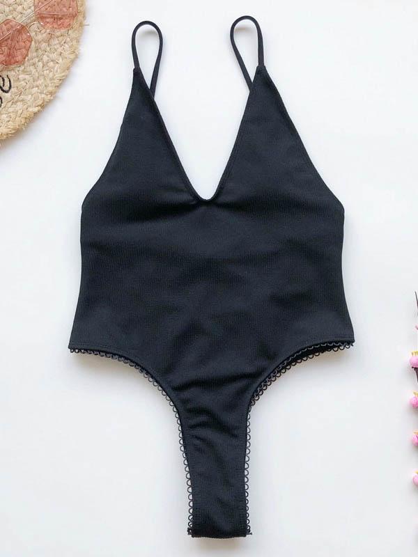 Solid Color Deep V-Neck One-Piece Swimwear