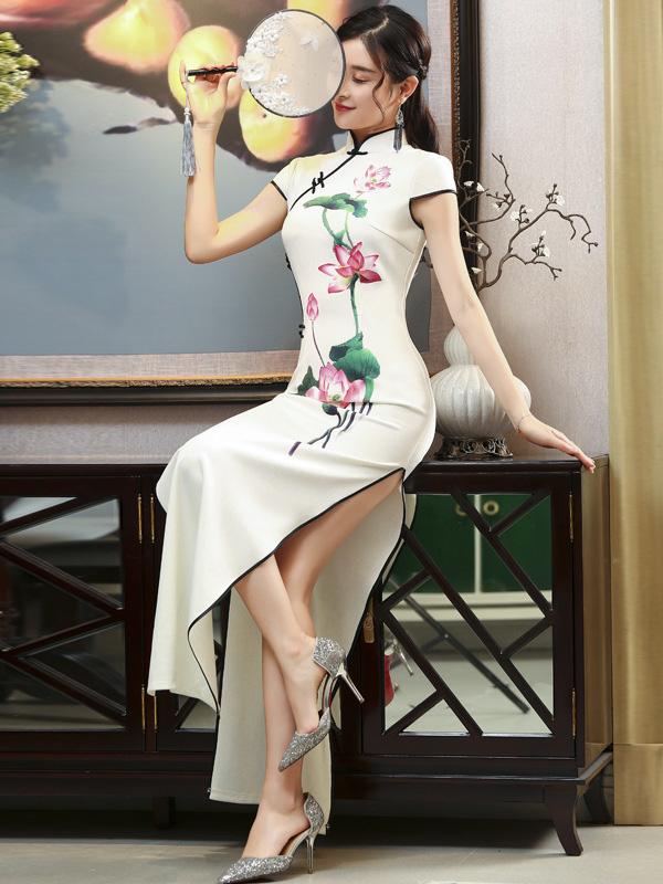 White Lotus Print Long Cheongsam