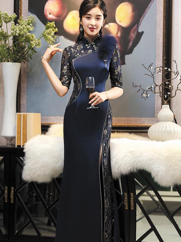 Spring Faux Fur Long Cheongsam Evening Dress