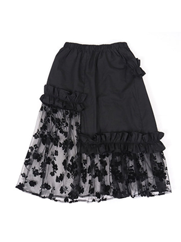 Stylish Mesh Hollow Embroidered Elasticity Split-Joint Strap Skirt