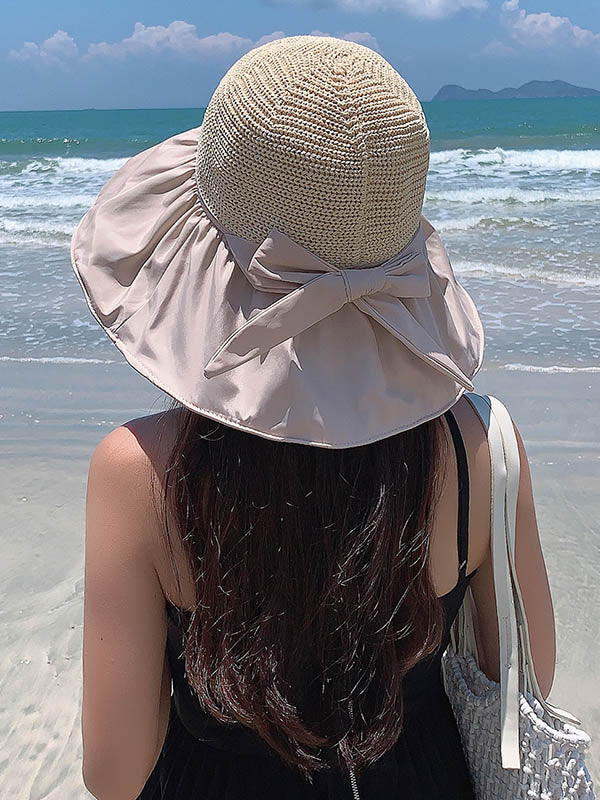 Vacation Weave Bow-Embellished Sun Protection Caps