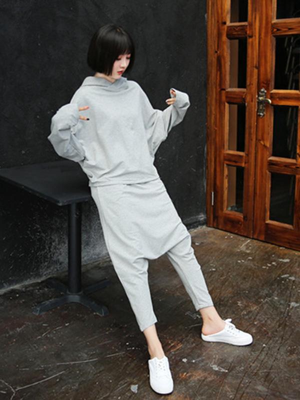 Light Gray Casual Solid Hoodie&Pants Suits