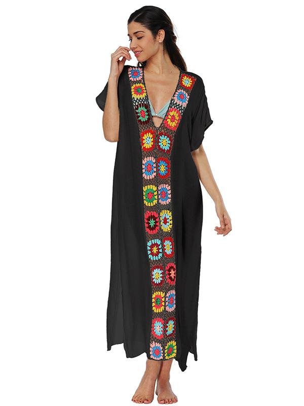 Deep V-neck Embroidered Split-joint Beach Maxi Dresses