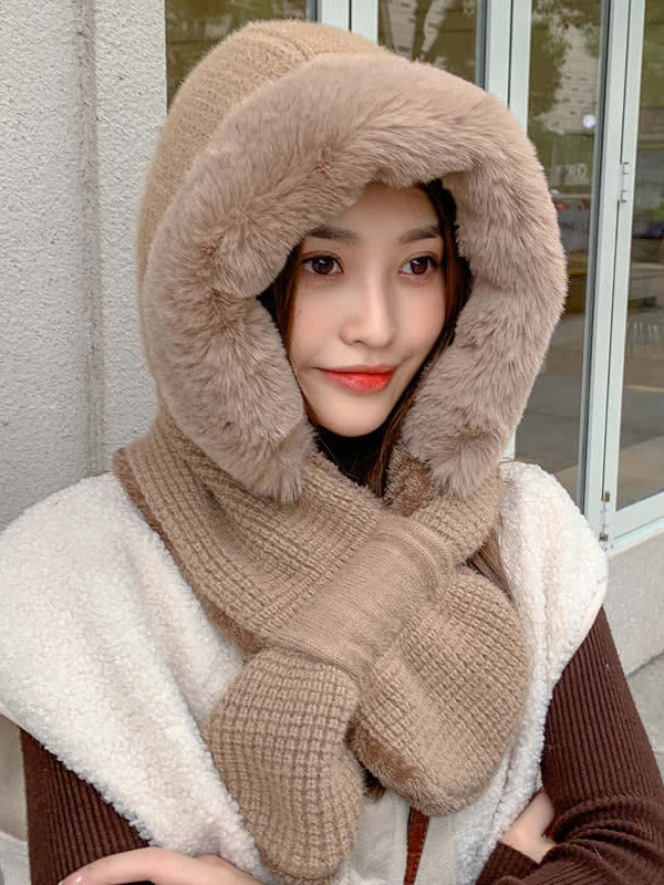 Casual Warm Solid Color With Scarf Knitted Hat