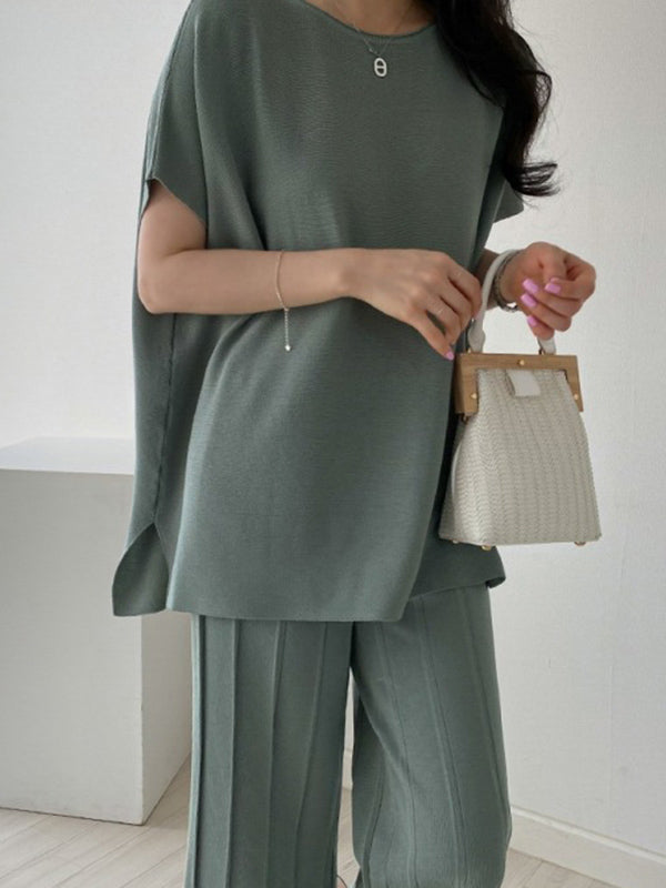 Casual Solid Color Split-Side Round-Neck Batwing Short Sleeves T-Shirt+Pleated Wide Leg Pants 2 Pieces Set