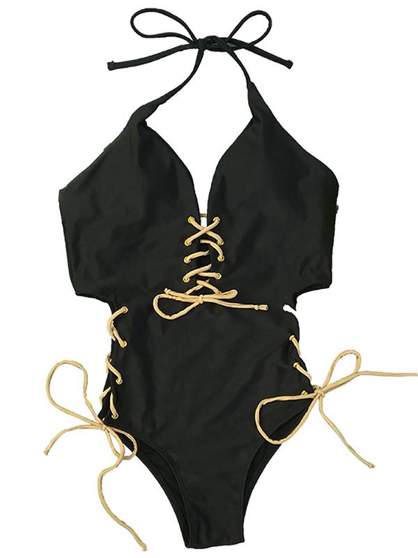 Lace-up Black Backless One-piece Swimwear