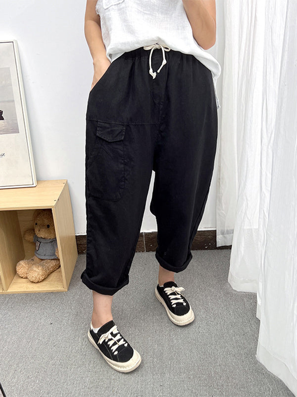 Simple Casual Loose Ramie Cotton Solid Color Drawstring Harem Pants