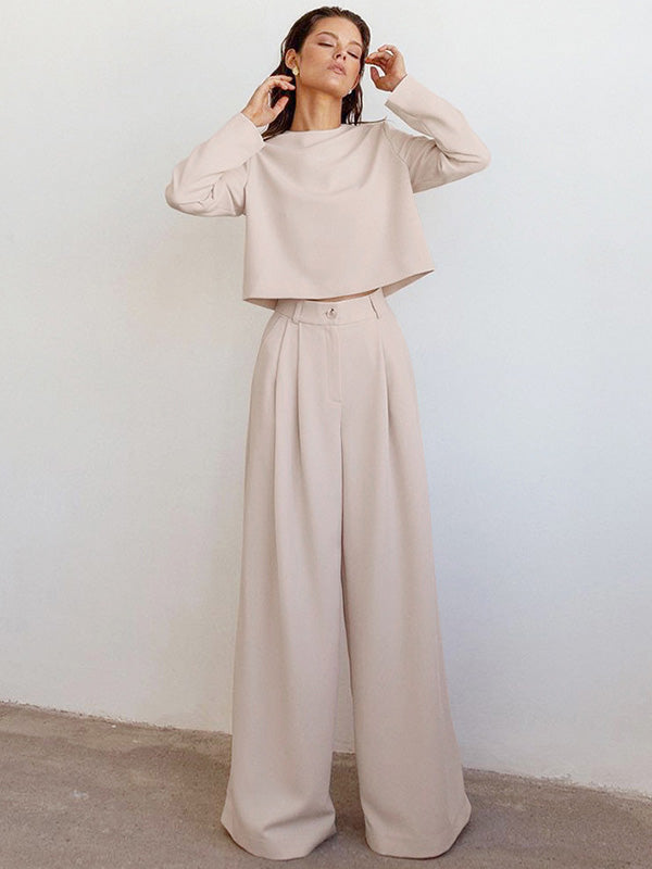 Casual Solid Color Round-Neck Long Sleeves T-Shirt+Wide Leg Pants 2 Pieces Set