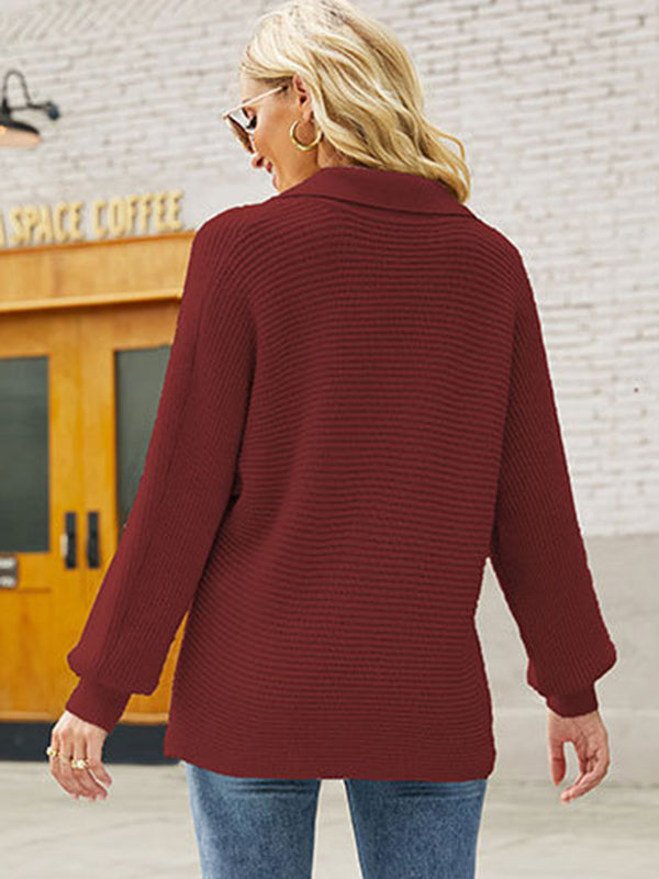 Long Sleeves Solid Color Lapel V-Neck Sweater Tops