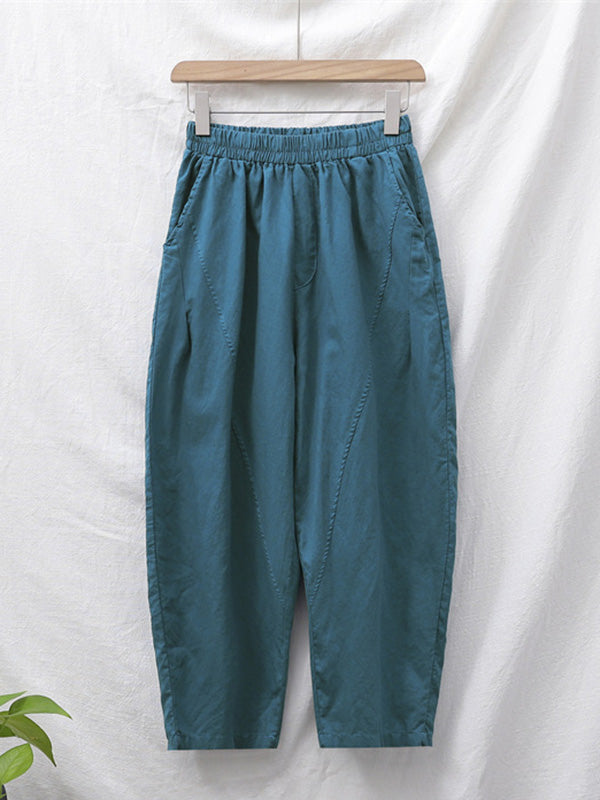 Simple Loose Linen Solid Color Split-Joint Pleated Drawstring Casual Pants