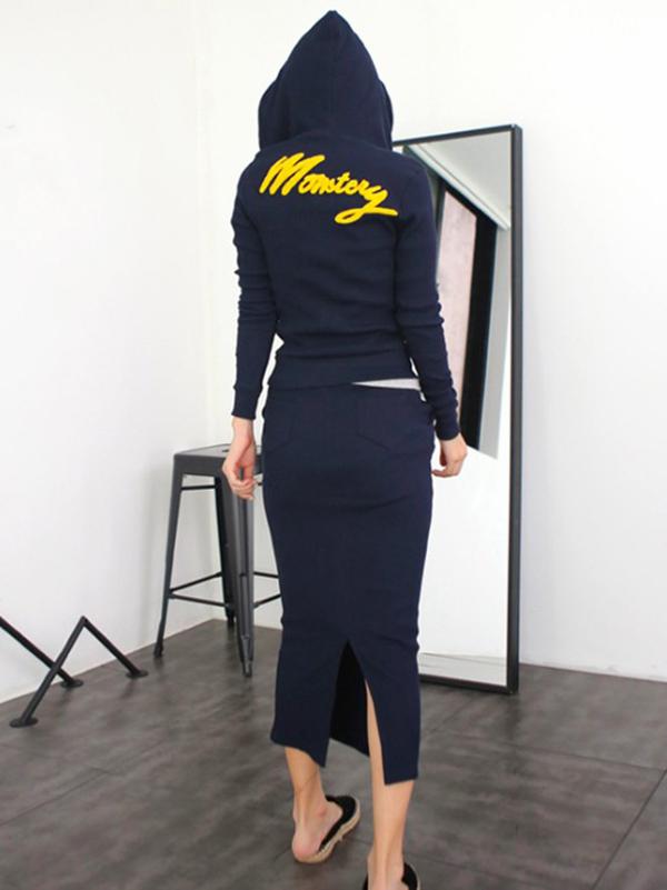 Zipper Letter Printed Sports Hoodie&Split-back Skirts Suits