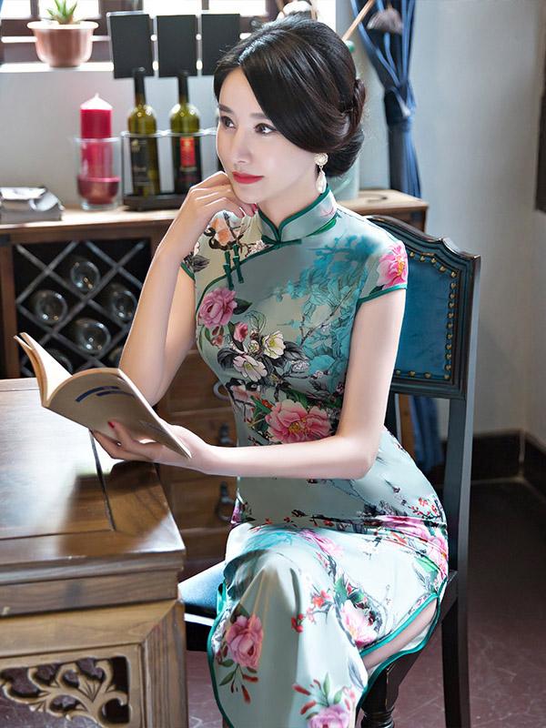 Green Peony-print Split-side Long Cheongsam