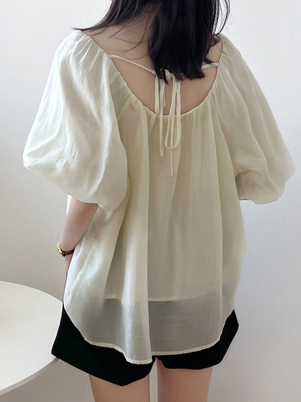 Urban Loose Solid Color Puff Sleeves Off-The-Shoulder T-Shirt