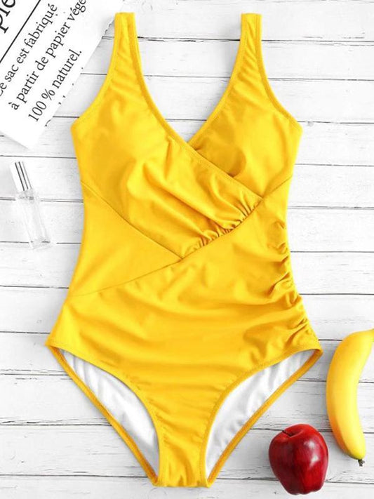 Solid Color Pleated One-Piece Swimsuit