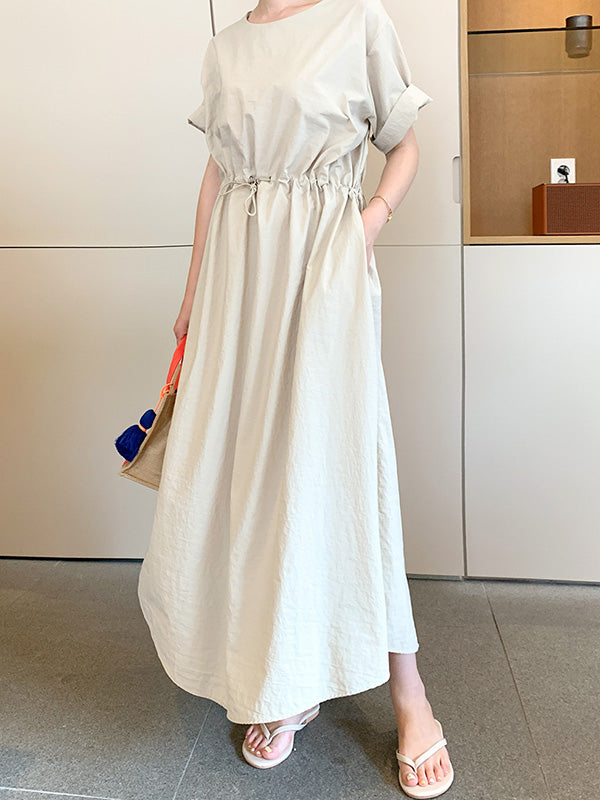 Casual Solid Color Drawstring Pleated Round-Neck Half Sleeves High-Waist Midi Dress