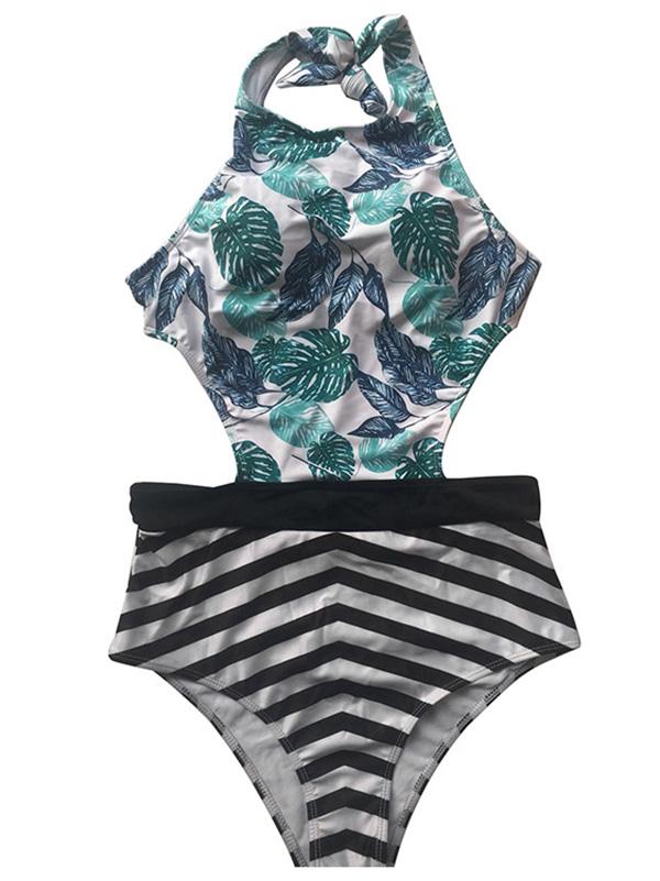 Leaf Striped High Cut One-piece Swimsuit