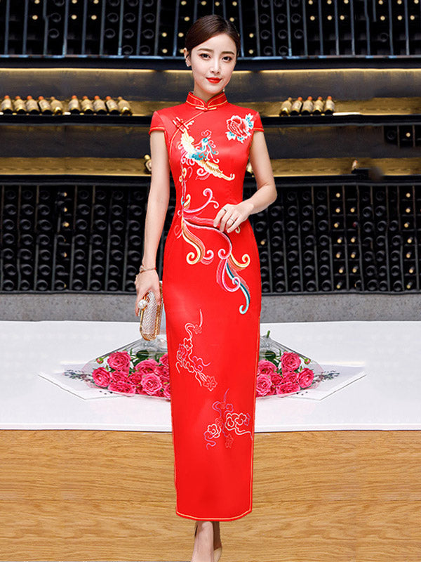 Red Split-Side Banquet Short Sleeve Long Cheongsams