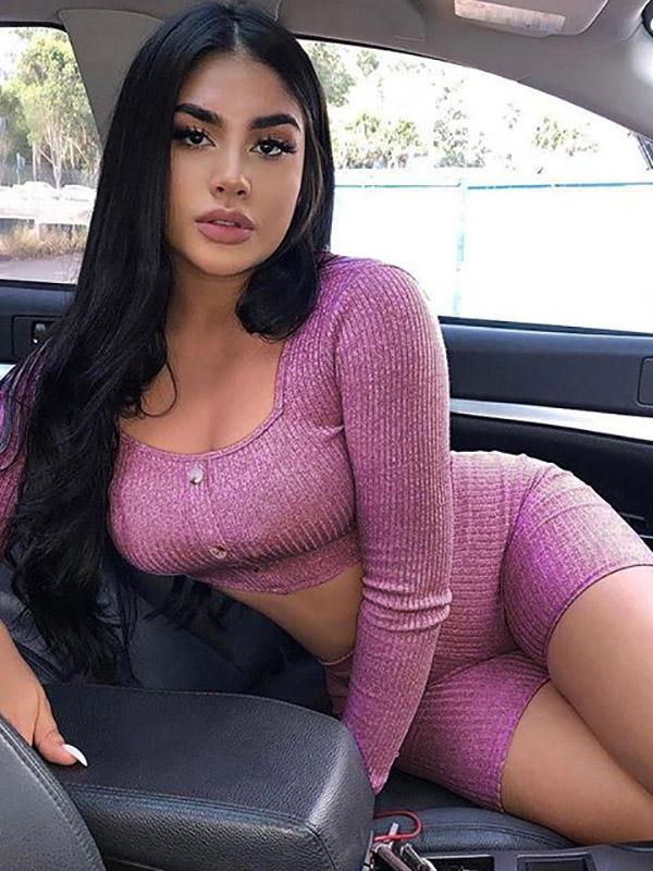 Sexy Solid Square-neck Long Sleeve Top And Shorts Suits