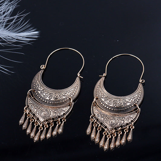 Moon sun pattern metal tassel Pendant Earrings