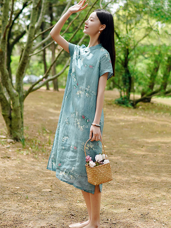 Vintage Ramie Cotton Floral Printed Stand Collar Split-Side Short Sleeves Dress Long Cheongsam