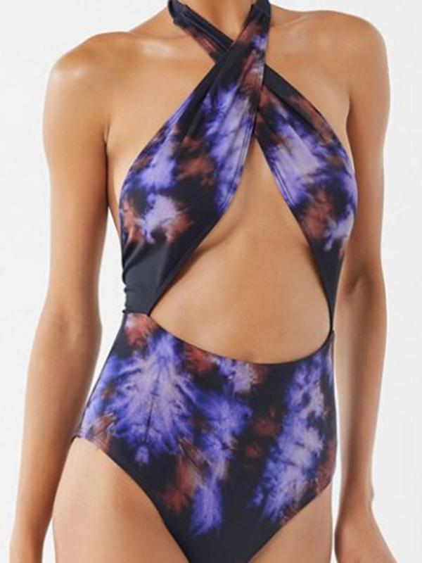 Sexy Crisscross  Hollow Backless Printing One-Piece Swimwear