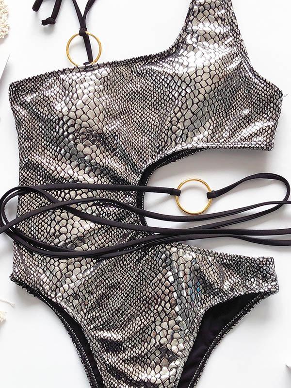 Snake-Print Asymmetric Bandage Split Bikini Swimsuit