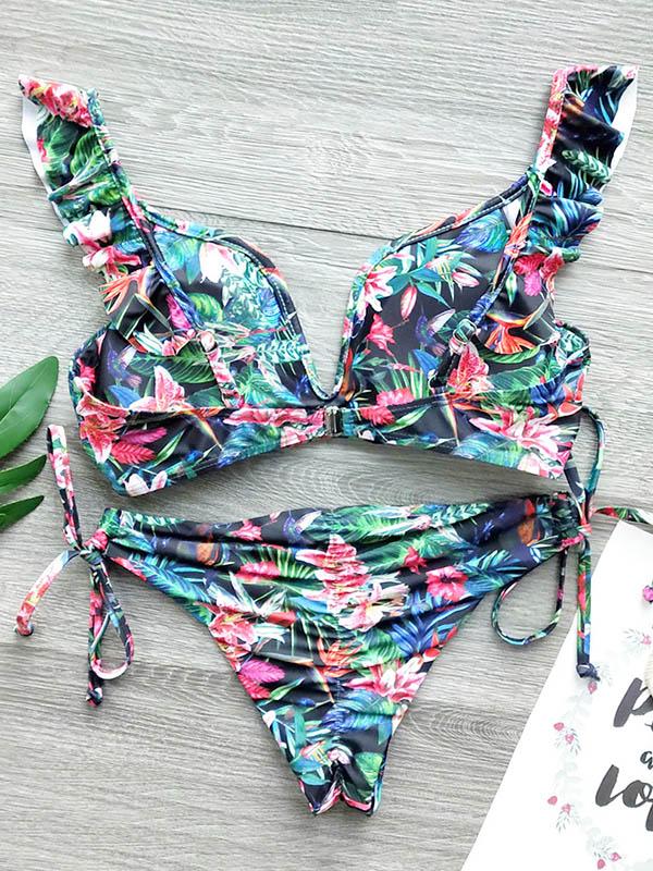 Sexy V-Neck Falbala Printing Split Type Bikini Swimsuit