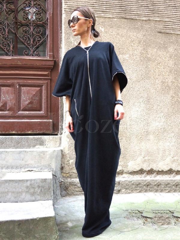 Navy-blue Zipper Batwing Sleeves Long Dress