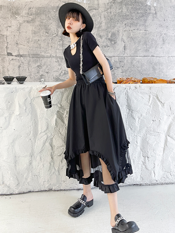 Stylish Black Split-Joint Gauze High Waisted A-Line Skirts