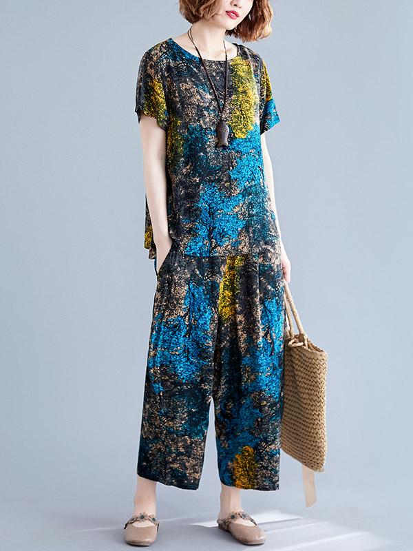 Loose Printed T-Shirt + Harem Pants Suit