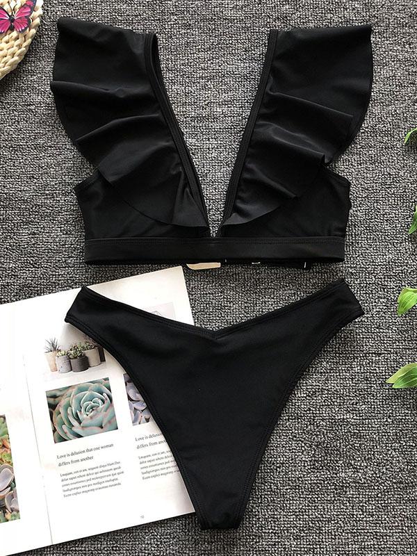 Sexy Flounces V-Neck Metal Buckle Split Bikini Swimsuit