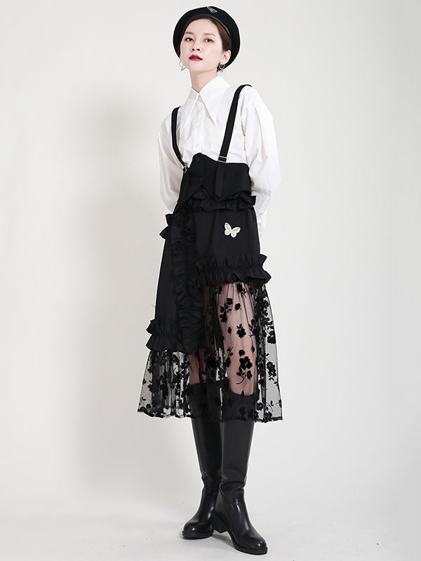 Stylish Mesh Hollow Embroidered Elasticity Split-Joint Strap Skirt