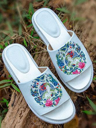 Embroidered Peep-toe Slides Shoes