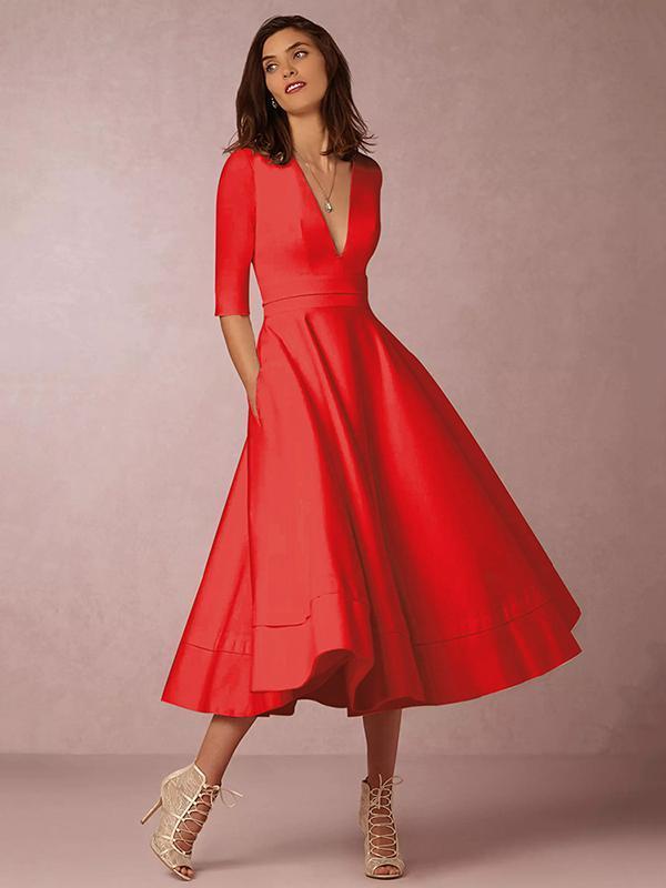 Solid Color V-neck Half Sleeves Evening Dresses