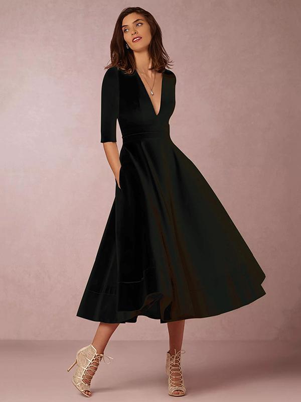 Solid Color V-neck Half Sleeves Evening Dresses