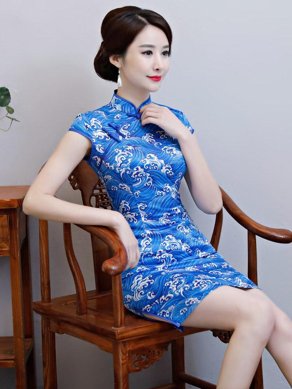 National Beauty  Tie-Dyed Stand Collar Short Cheongsam